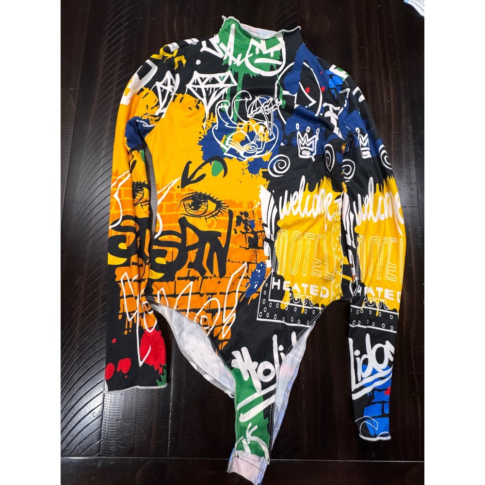SHEIN Womens Graffiti Pop Art Long Sleeve Bodysuit Mock Neck Multi Color Small
